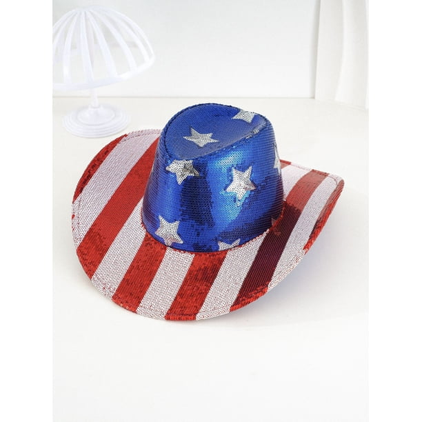 7386 Sparkly Us-flag Western Cowboy Hat- 4th Of July Red White Blue Sequin Mawjom Sparkly US-Flag Western Cowboy Hat - 4th of July Red  main image 2