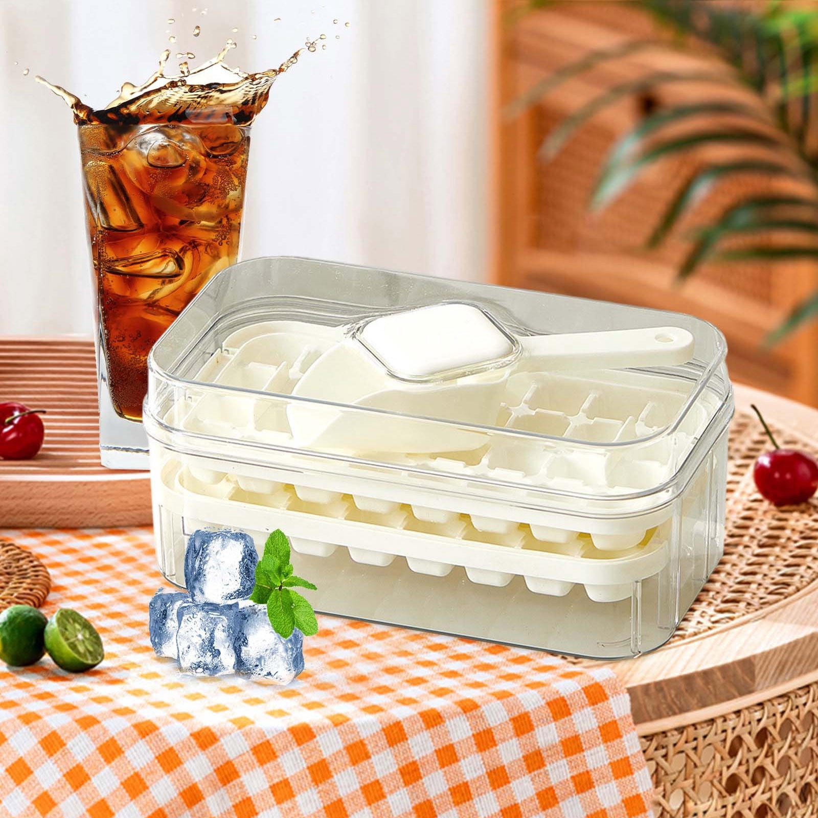 COM1950s Ice Tray with Storage Bin, One Click Release Double Layer Portable Ice Maker with Handle, Large Capacity Ice Container for Summer Home Party