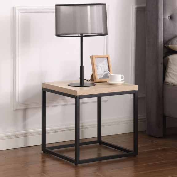 End Table Side Table,Square Wood and Metal Nightstand,Storage Small End Table, for Living Room Bedroom, Natural Oak