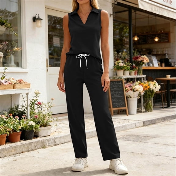 BADHUB 2 Piece Short Sets for Womens Summer V Neck Travel Outfits Sweatsuits Sleeveless Lounge Sets Tracksuit Black L