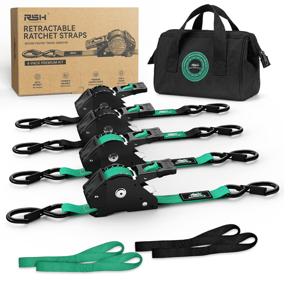 RSH Retractable Ratchet Straps 4-Pack, 580lbs WLL Heavy Duty Tie Down Straps with Coated S-Hooks, Auto Retract No Tangle, for Truck Bed Motorcycle Trailer Cargo