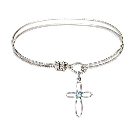 6 1/4 inch Oval Eye Hook Bangle Bracelet w/ Loop Cross medal charm w/ March Blue Swarovski Crystal