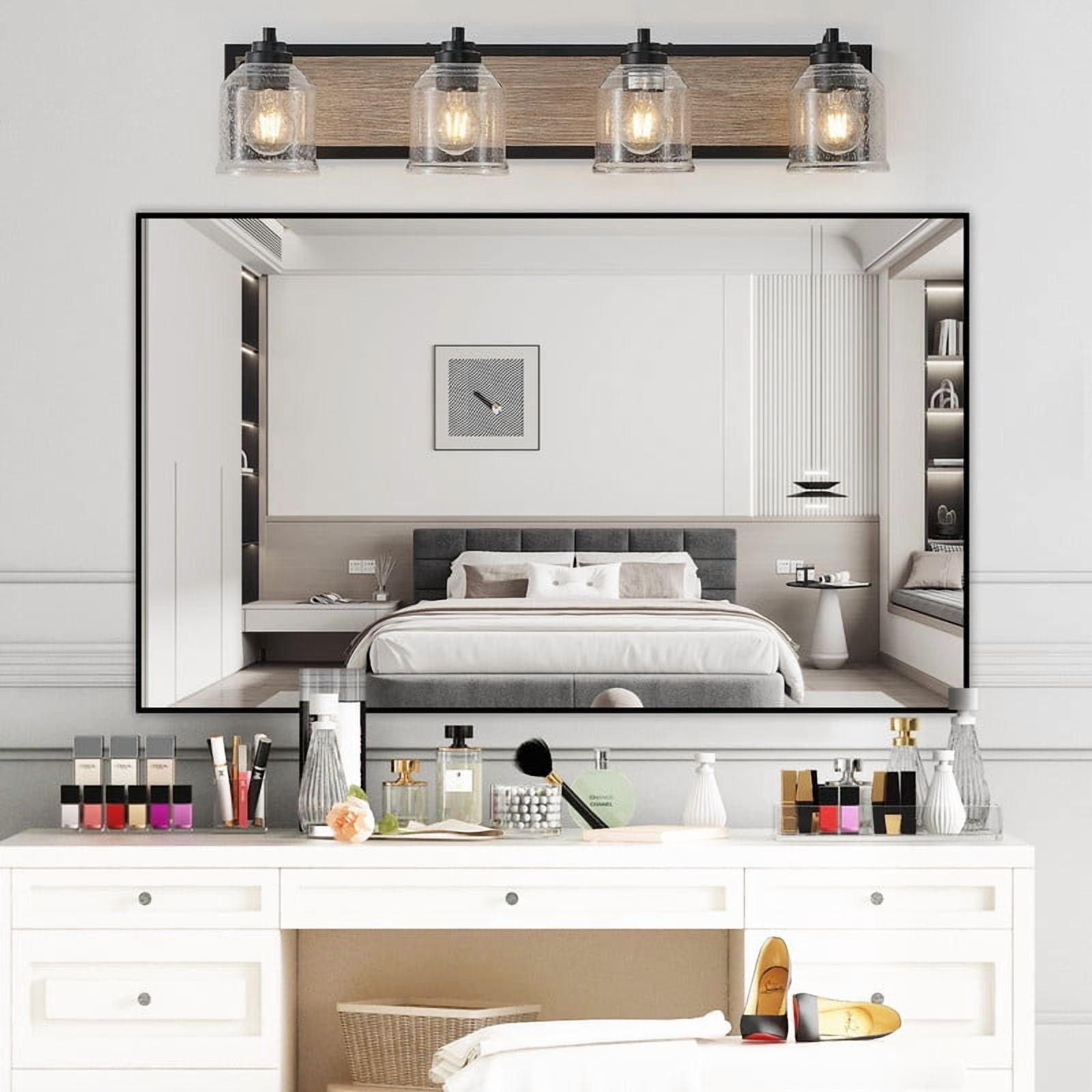 32" Farmhouse Vanity Light, 4-Light Bathroom Wall Sconce with Seeded Glass Shades, Black Wood Grain Finish, Modern Industrial Style (No Bulbs)
