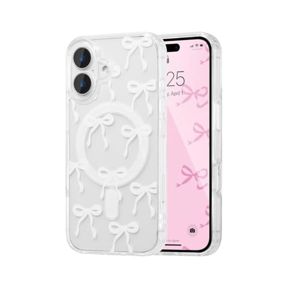 xixishop Magnetic for iPhone 16 Case, Bow Case Compatible with MagSafe, Wireless Slim Clear Ribbon Aesthetic Phone Cover Anti-Yellowing Shockproof Protective Cover for Women Girl - White