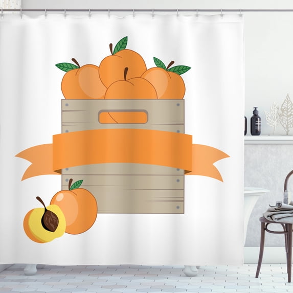 Peach Shower Curtain, Gardening and Farming Themed Graphic Box of Delicious Summer Fruit Print, Fabric Bathroom Set with Hooks, 69W X 70L Inches, Apricot Dusk and White, by Ambesonne