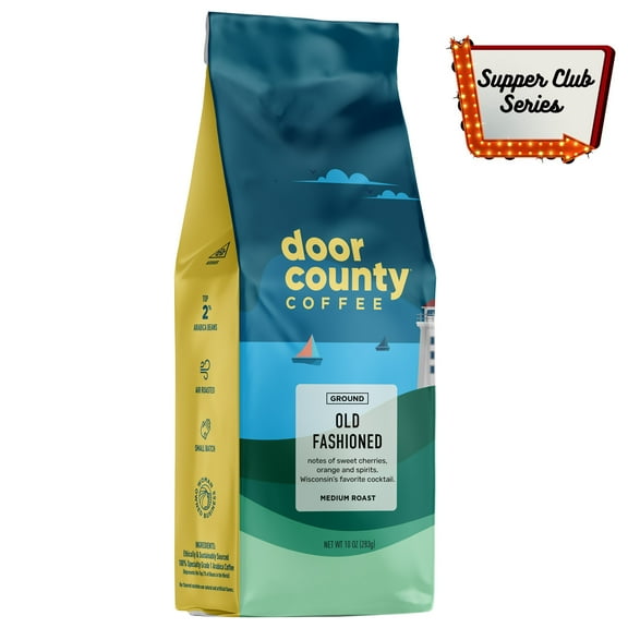 Door County Coffee Old Fashioned, Cherry, Orange & Spirits Flavored Specialty Coffee, Medium Roast, Ground, 10oz Bag