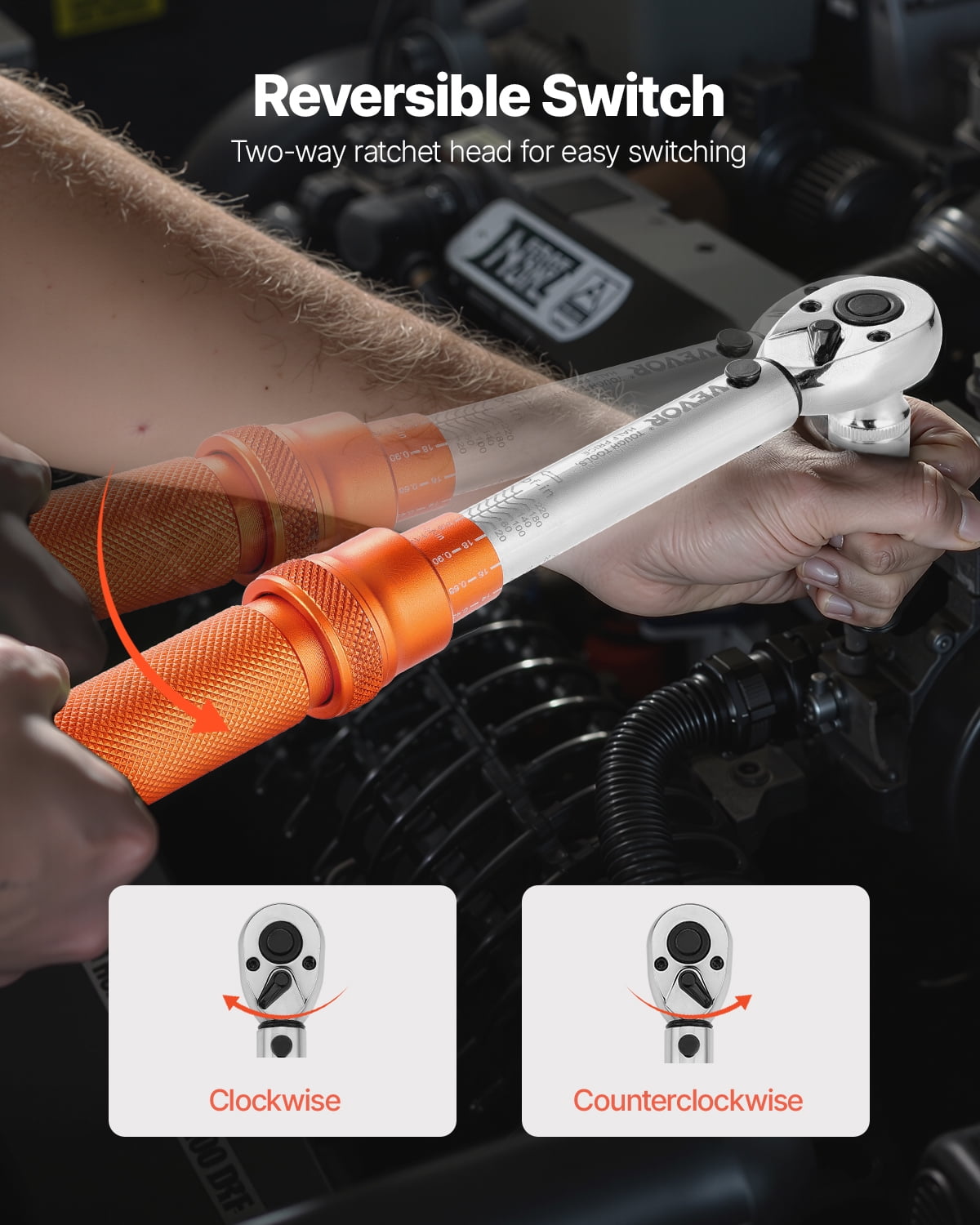 VEVOR Click Torque Wrench Set, 1/4Inch Drive, 20-240 lbf-in / 2.3-27.1N.m, Dual-direction and Dual Range Scales, 72-Tooth, ±3% High Precision, with Bits, Sockets, Adapters, Extension Bar, Orange