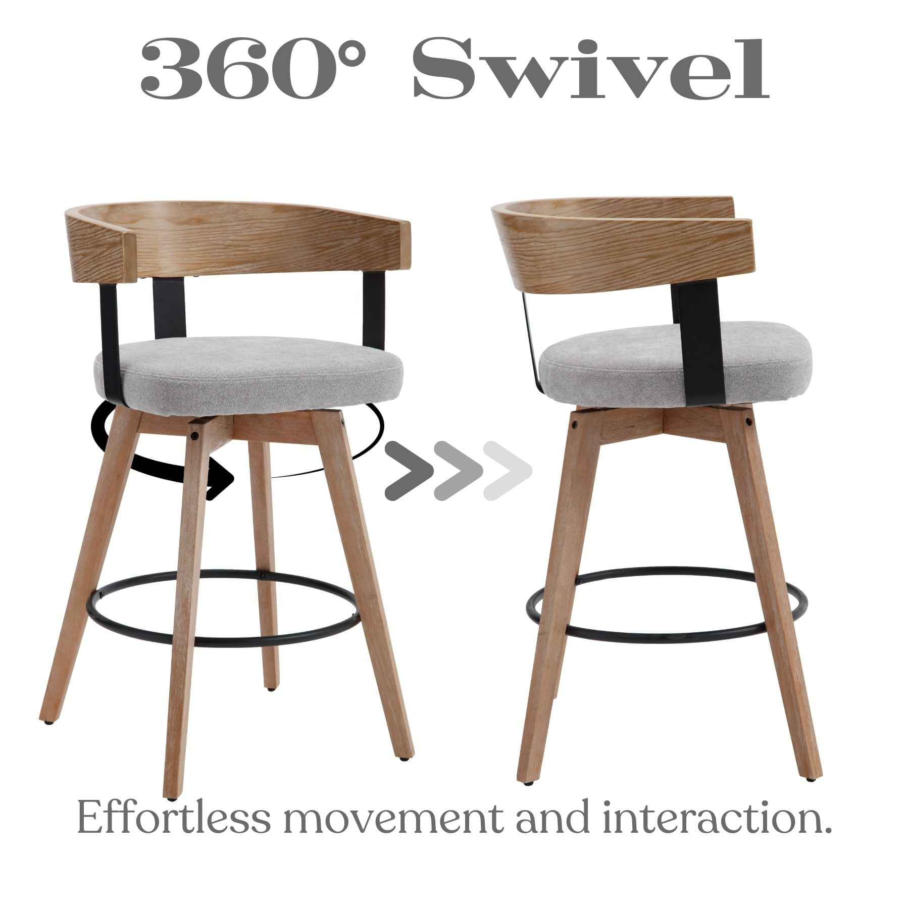 Dayalane Mid Century Modern Bar Stools Set of 1, 26" Swivel Counter Stools with Barrel Back, Linen Upholstered Barstools with Wood Legs for Kitchen Island, Dining Room, Home Bar, Grey