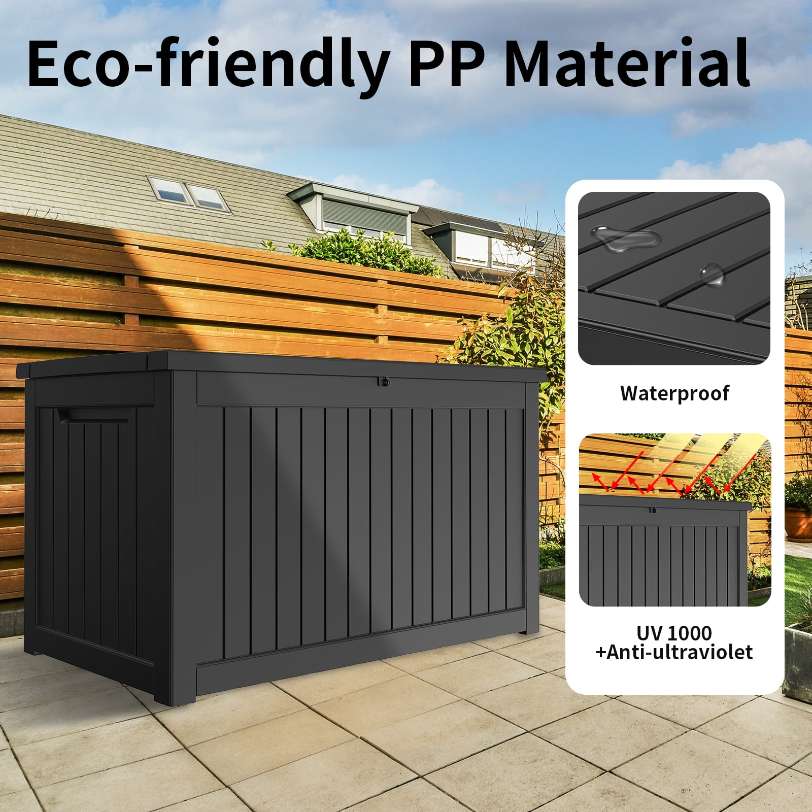Miniyam 230 Gallon Resin Deck Box, Outdoor Storage Box, Gardening Tools, Lockable, Waterproof, Black