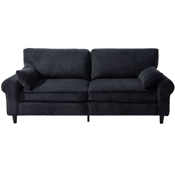 S-HOME 80.7 Inch Rolled Arm Design Corduroy Loveseat Sofa 2-Seater with Hybrid Iron & Wood Frame Couch for Living Room Apartment, Black