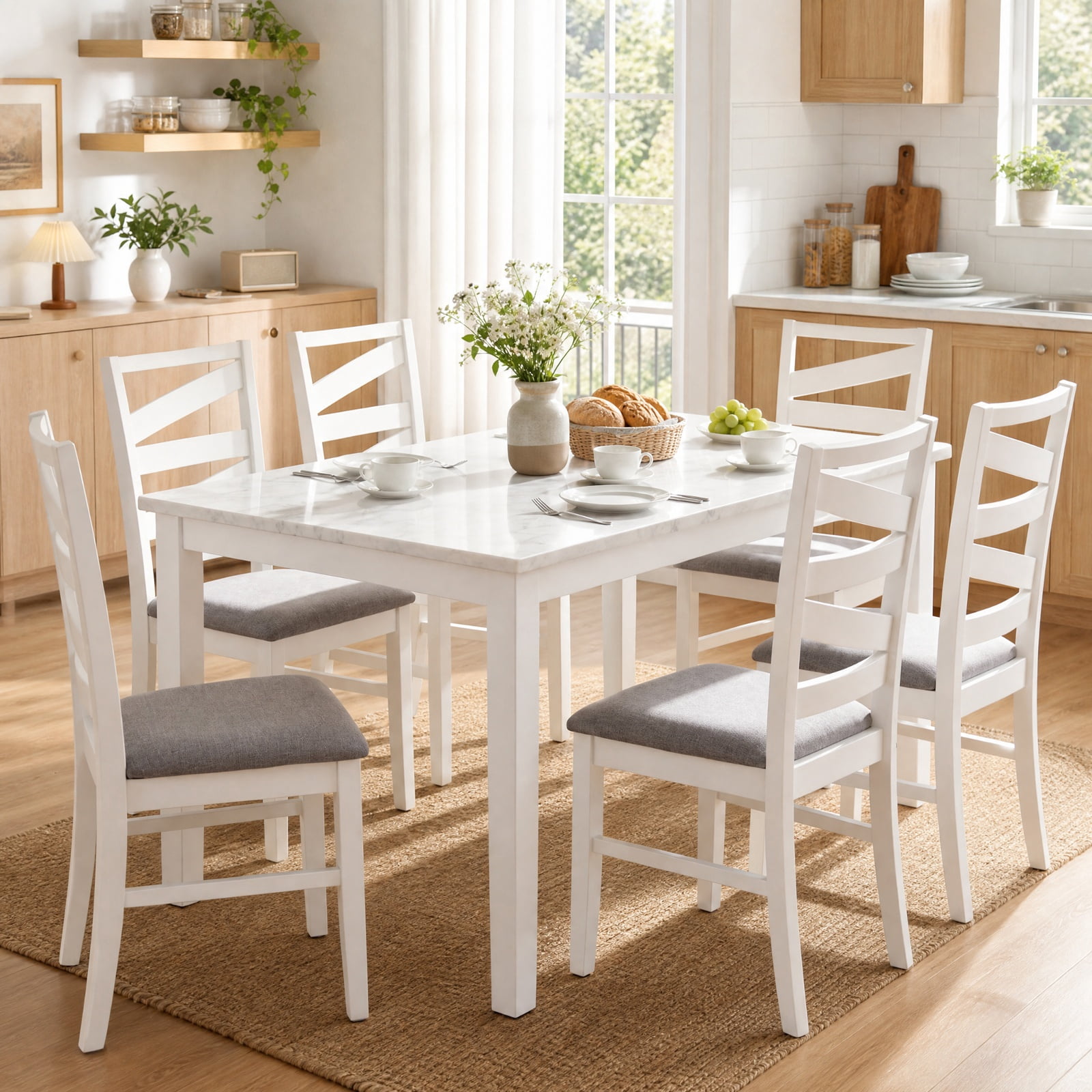 Furnibear Farmhouse Dining Chairs Set of 2 Upholstered with Tall Backrests and Rubber Wood Frames for Kitchen Dining Room, White