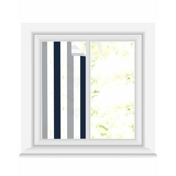 Window Privacy Film Navy Blue Gray Striped Stained Glass Window Film Decorative Sun Block Window Cover Farmhouse Stripe Art Window Clings Static Adhesive Sticker for Bathroom 19.6"x39.3"