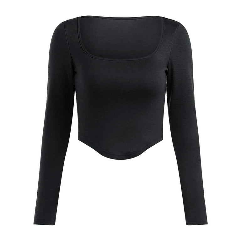 Women's Tops Deep U Neck Long Sleeve Slim Fit Crop Tops Black L Women's Tops Deep U Neck Long Sleeve Slim Fit Crop Tops Black L