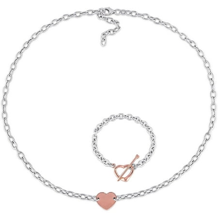 Two-Tone Sterling Silver Heart Charm Necklace (18) and Link Bracelet (8) Set