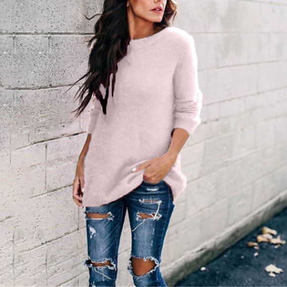 PVCS Women's Maxi Dresses Winter Women Casual Soild Loose O-Neck Long Sleeve Zipper Thin Plush Dress