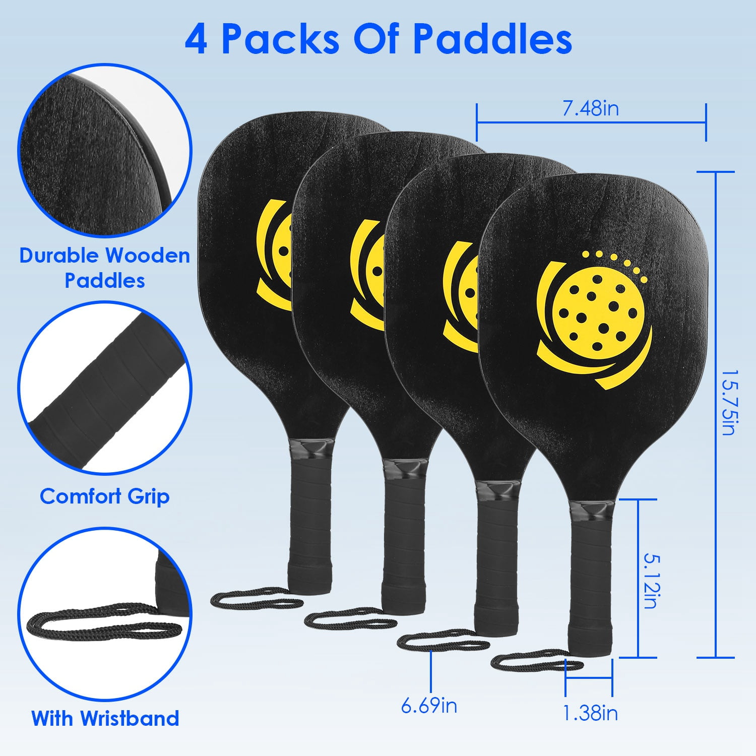 16.09lbs Portable Pickleball Set Moclever Pickleball Paddles Set of 4 with 4 Pickleballs  Carrying Bag for Driveway Backyard, 22x1.67x3ft