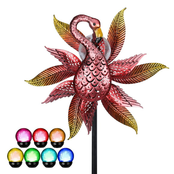 Solar Wind Spinner Outdoor Metal Kinetic Wind Spinners with LED Lighting Glass Ball Flamingo Wind Spinner with Stake Decorative Windmill for Yard Lawn Garden Patio Decor