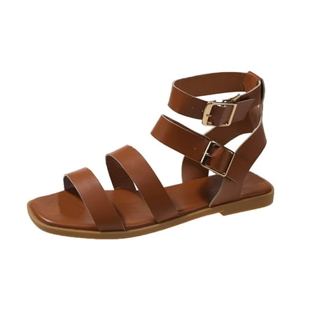 

Ladies Fashion Retro Summer Solid Color Leather Open Toe Buckle Flat Sandals