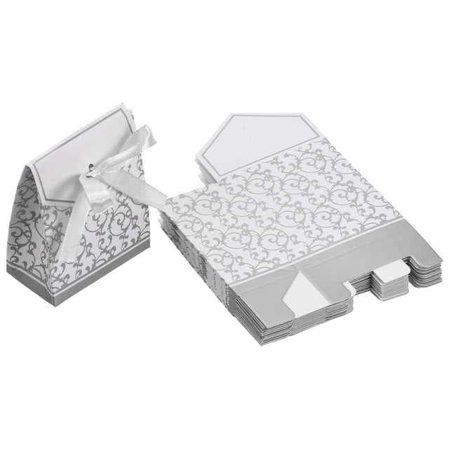 Unique Bargains Candy Boxes, 50 Pcs Wedding Gift Boxes Paper Box with Ribbon 3.3 x 2.6 Inch for Gift Wrap Wedding, Silver Tone