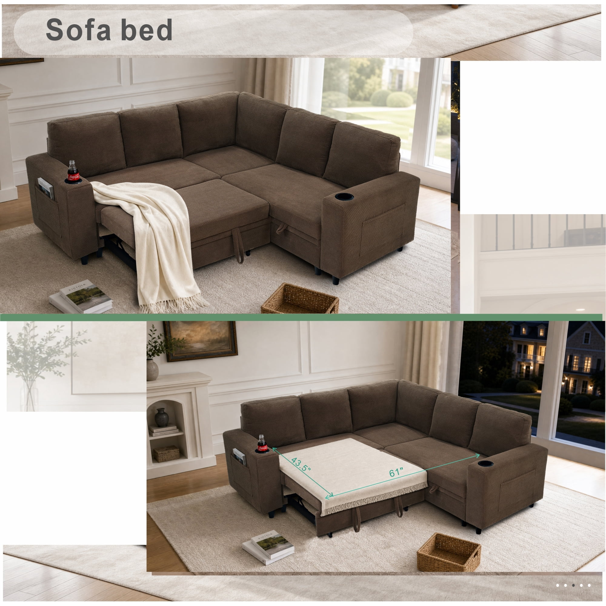 Leumius 76.5" Sectional Sleeper Sofa with Pull Out Bed,Storage Seat & Cup Holders,L-Shape Modern Upholstered Sofa Couch Convertible Corner Couch for Living Room,