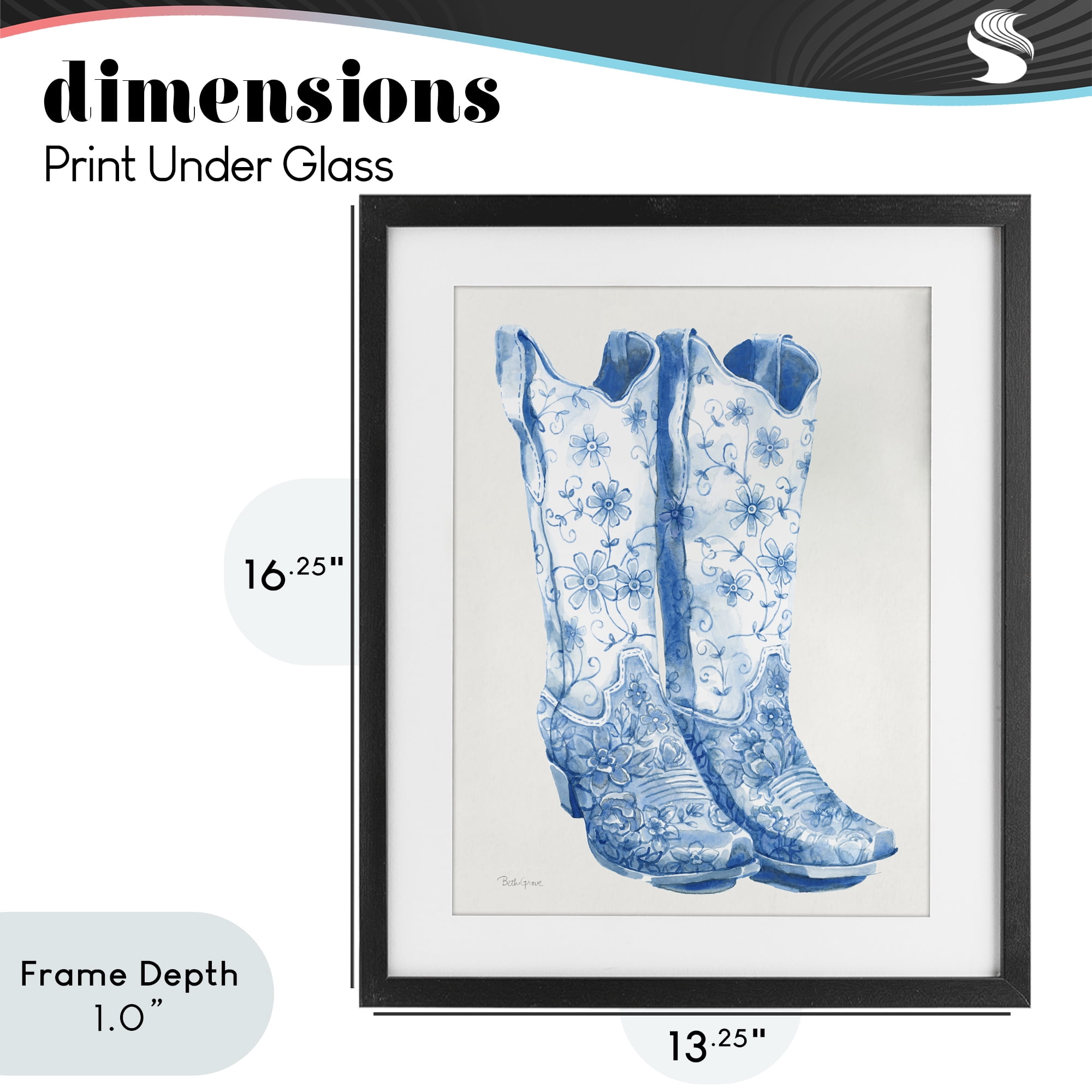 Stupell Industries Blue Boots with Floral Embroidery Black Framed Print Under Glass, design by Beth Grove