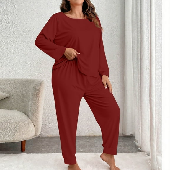ylioge XL-5X Plus Size Womens Pajamas Sets 2 Piece Sleepwear Outfits Casual Solid Color Long Sleeve Tops Tapered Leg Pants Soft Homewear Pajamas Set