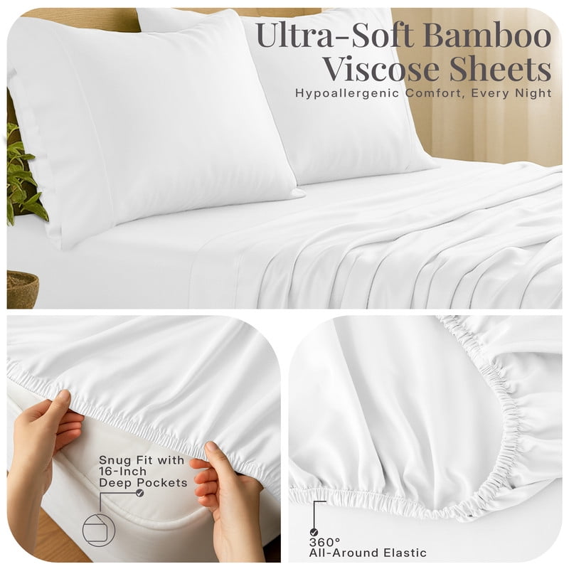 Lux Decor 100% Organic Viscose from Bamboo Queen Sheets Set - 4 Piece Ultra-Soft Luxury Cooling Bed Sheets, 16" Deep Pocket, Breathable & Hypoallergenic - White