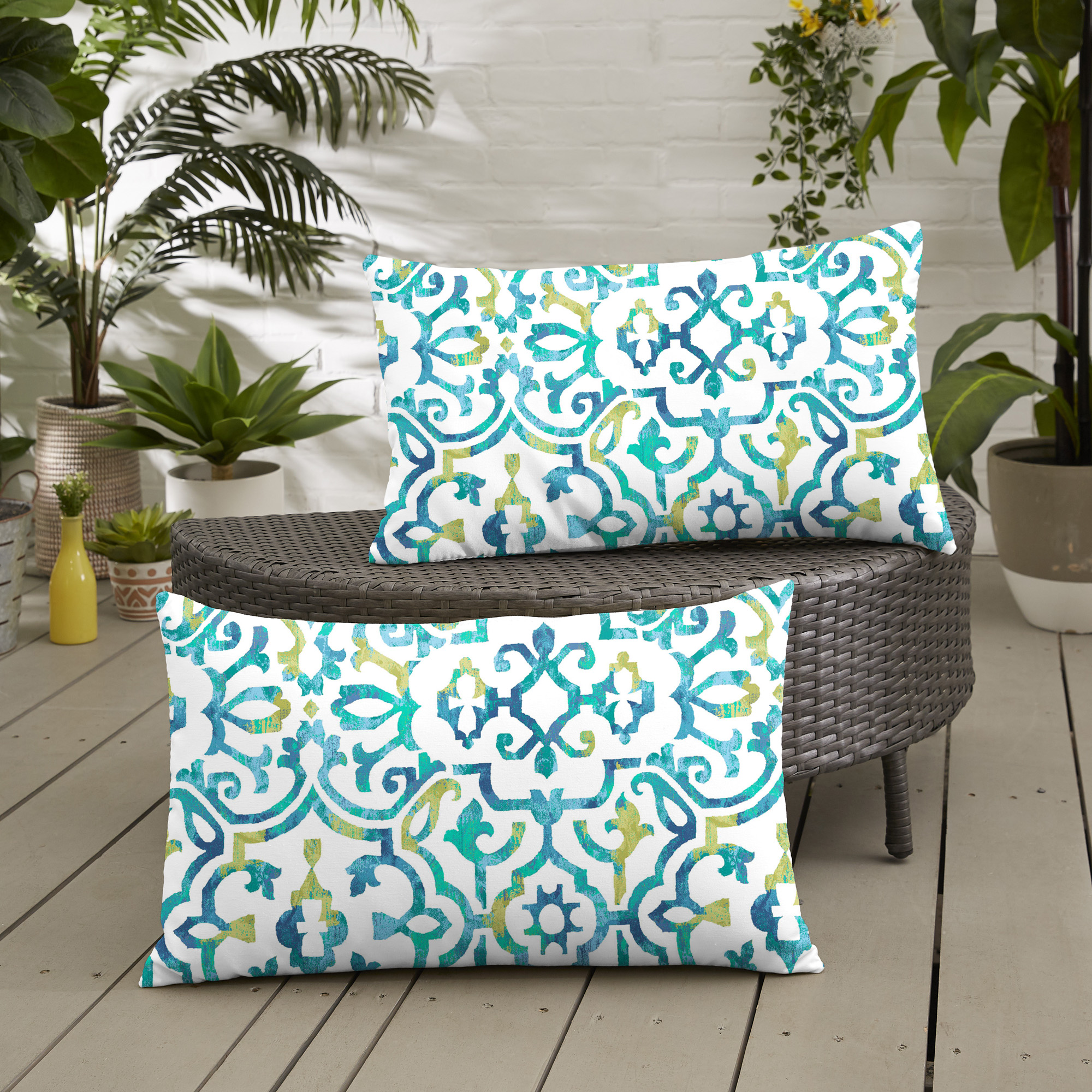 Set of 2 13" x 20" Blue and White Damask Indoor and Outdoor Lumbar