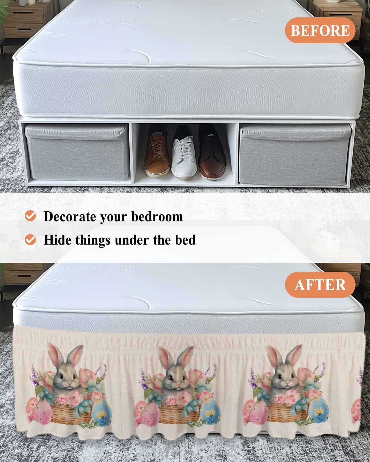 Easter,Wrap Around Bed Skirts for Queen Bed 16" Drop,Bed Skirt with Adjustable Elastic Belt Dust Ruffle Bed Valance for Bedroom Hotel Rustic Easter Basket Eggs Rabbits Tulip Lavender Bed Frame Cover