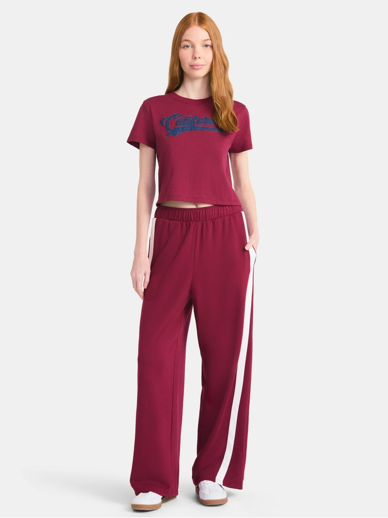 No Boundaries Wide Leg French Terry Pants with Side Stripes, 30