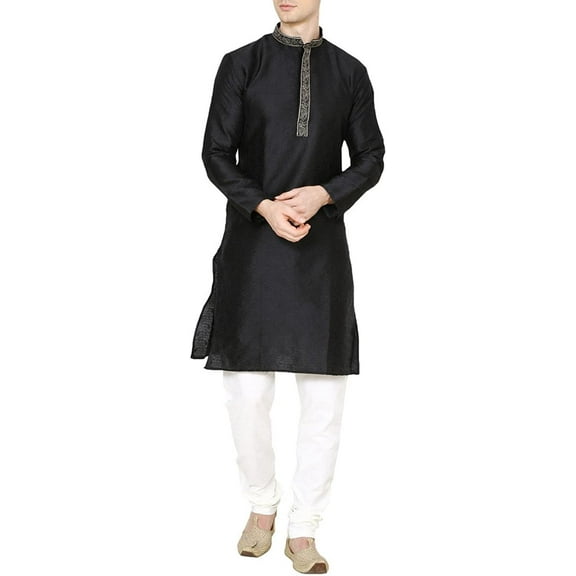 Royal Mens Jacqaurd Silk Embroidered Kurta Pyjama Set Black
