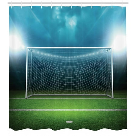 Soccer Shower Curtain, Soccer Goal Post Sports Area Winner Loser Line Floodlit Best Team Finals Game Theme, Fabric Bathroom Set with Hooks, Green Blue, by