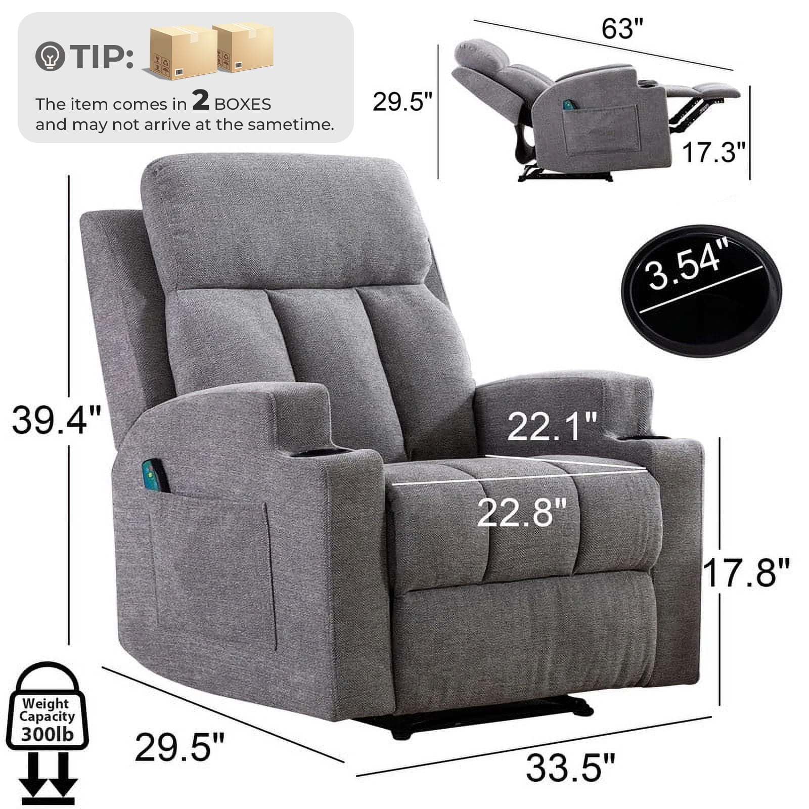 Ebello Manual Heated Massage Recliner, Soft Fabric Modern Overstuffed Recliner with Cup Holders for Living Room & Home Theater, Light Gray