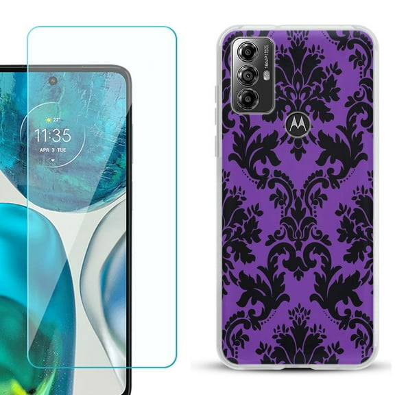 OneToughShield ® for Motorola Moto G Play 2023 Shockproof Fashion Phone Case, with Tempered Glass Screen Protector - Victorian Purple/Black