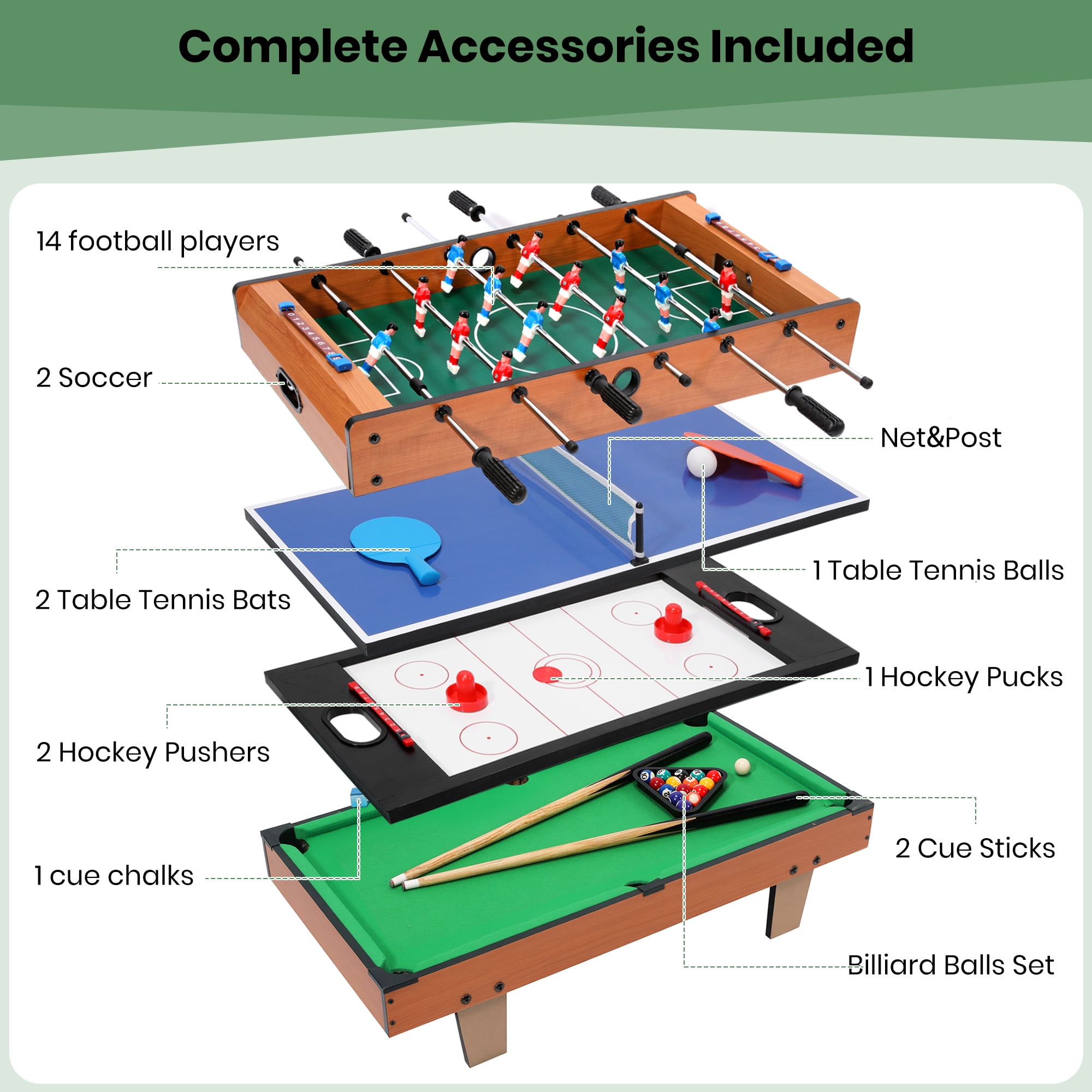 GVDV 4 in1 Combo Game Table, 32 inch Multi Game Table with Foosball Table, Hockey,Ping-Pong,Pool Billiards for Kids Adults