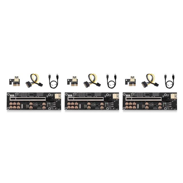 Maytalsory PCI-E 1X to 16X Adapter Digital Display 10 Capacitor 6pin Power Port PCI- Extension Board Extender Mining Equipment Black 3Set