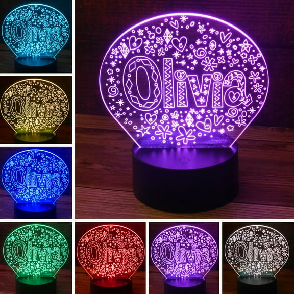 3D Olivia Name Desk Light - 7 Color LED Lamp Base with USB or Battery and Touch control Rotating Fade or Solid Color mode. Makes a perfect Nightlight for Kids or Unique Gift for any age.
