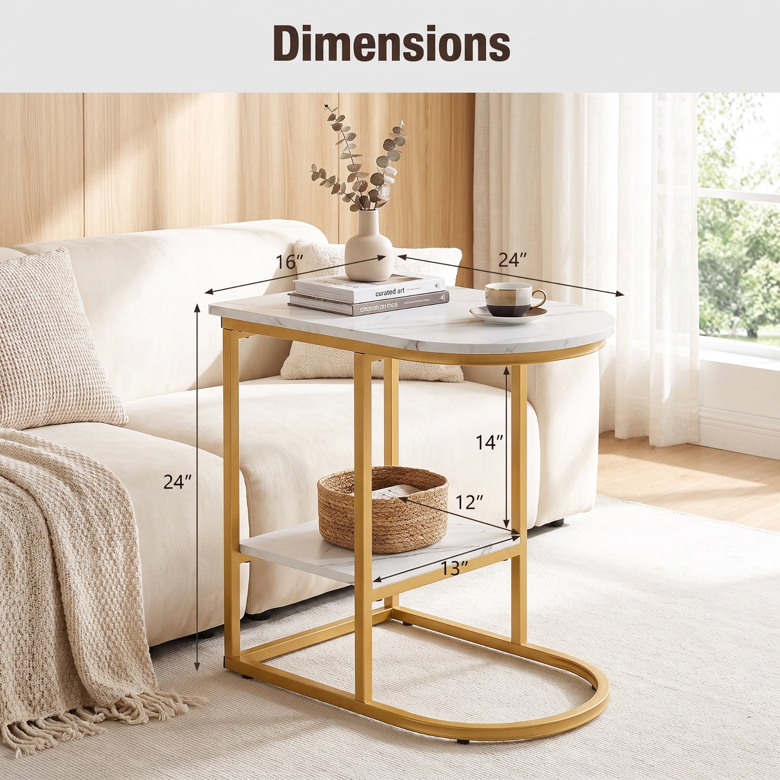 Furnibear C Shaped Modern Sofa Side Table Set of 2 with Faux Marble Tabletop and Two Tier Storage Shelf for Living Room and Bedroom, White