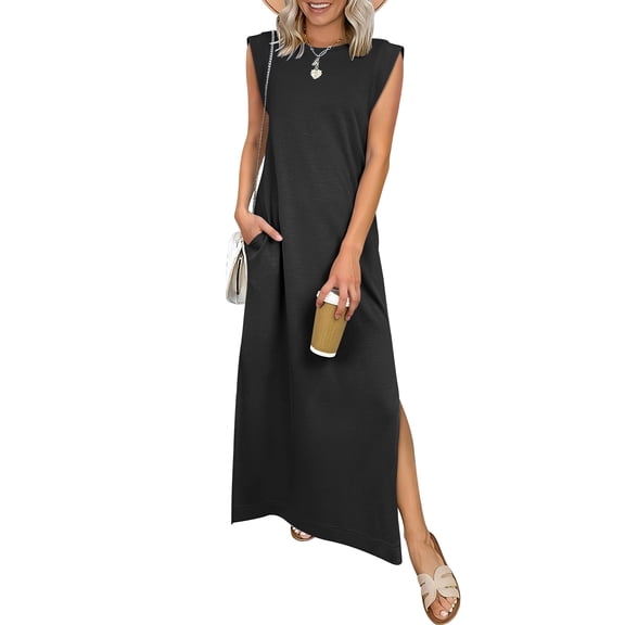 ANRABESS Summer Casual Sleeveless Maxi Dress for Women Crewneck Loose Split Wrinkle-Free Travel Vacation Long Dress Beach Sundress with Pockets Black S