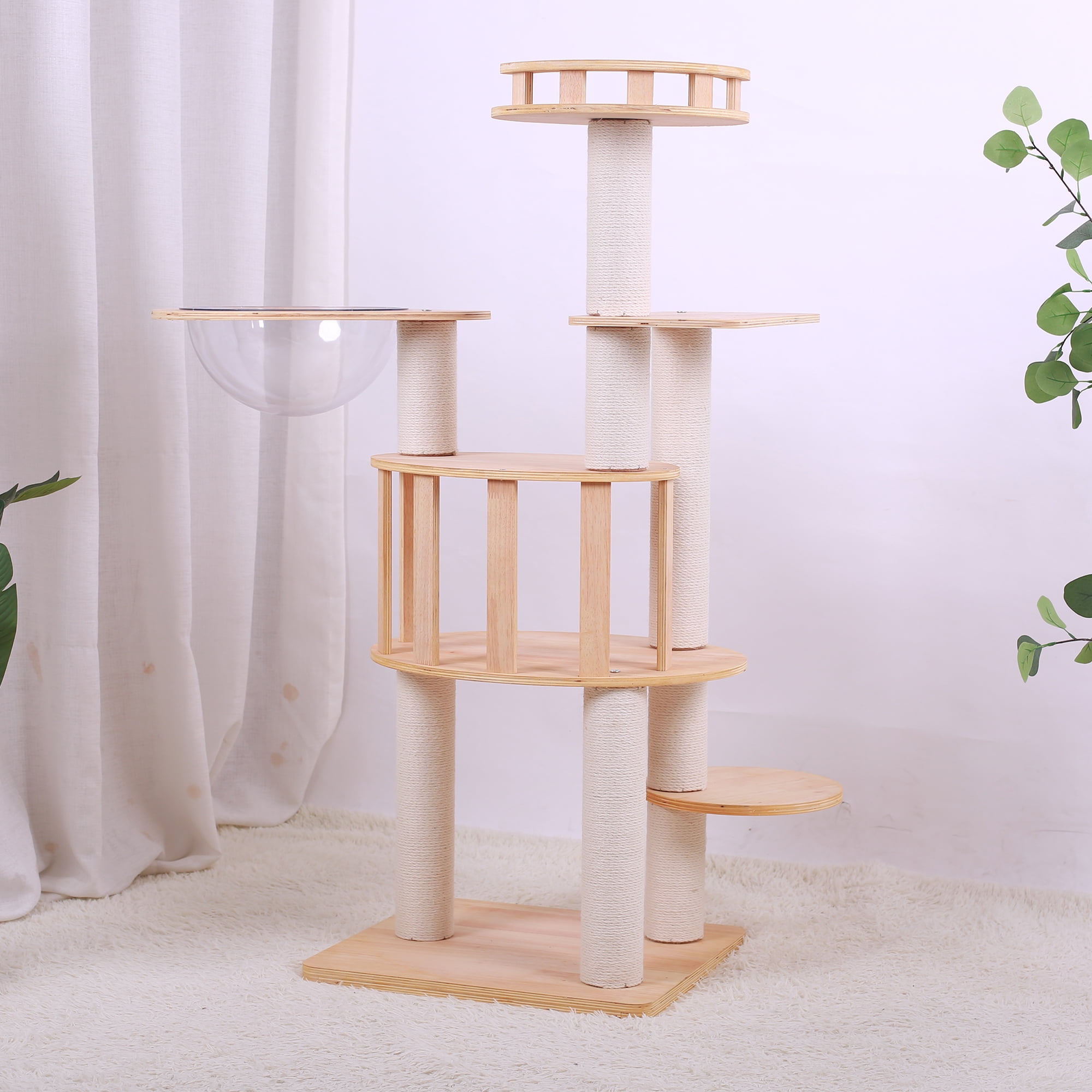 Pefilos 46" Cat Tree Tower for Indoor Cats, Multi-Level Wood Cat Condo for Large Cats with Space Capsule, Top Perch, Beige Pefilos 46" Cat Tree Tower for Indoor Cats, Multi-Level Wood Cat Condo for Large Cats with Space Capsule, Top Perch, Beige