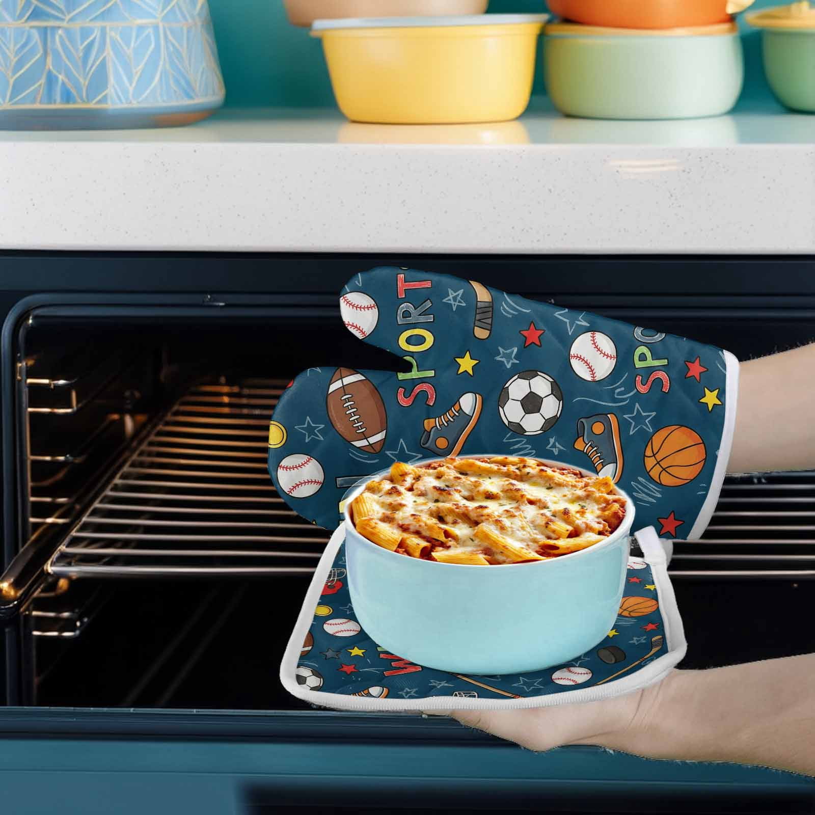 Oven Mitts and Pot Holder Set for Kitchen, Sports Balls Kitchen Oven Gloves Heat Resistance Non-Slip Surface Basketball Football Baseball Rugby Ice Hockey Hot Pads Sets for Cooking Baking BBQ