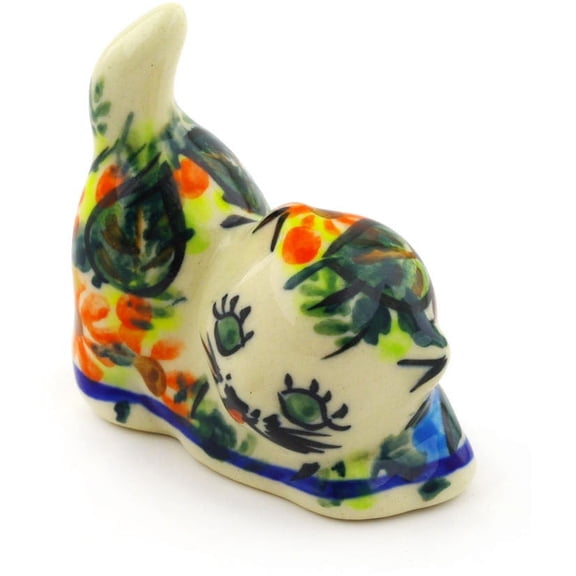 Polish Pottery 2½-inch Cat Figurine (Bold Poppies Theme) Signature UNIKAT Hand Painted in Boleslawiec, Poland Certificate of Authenticity