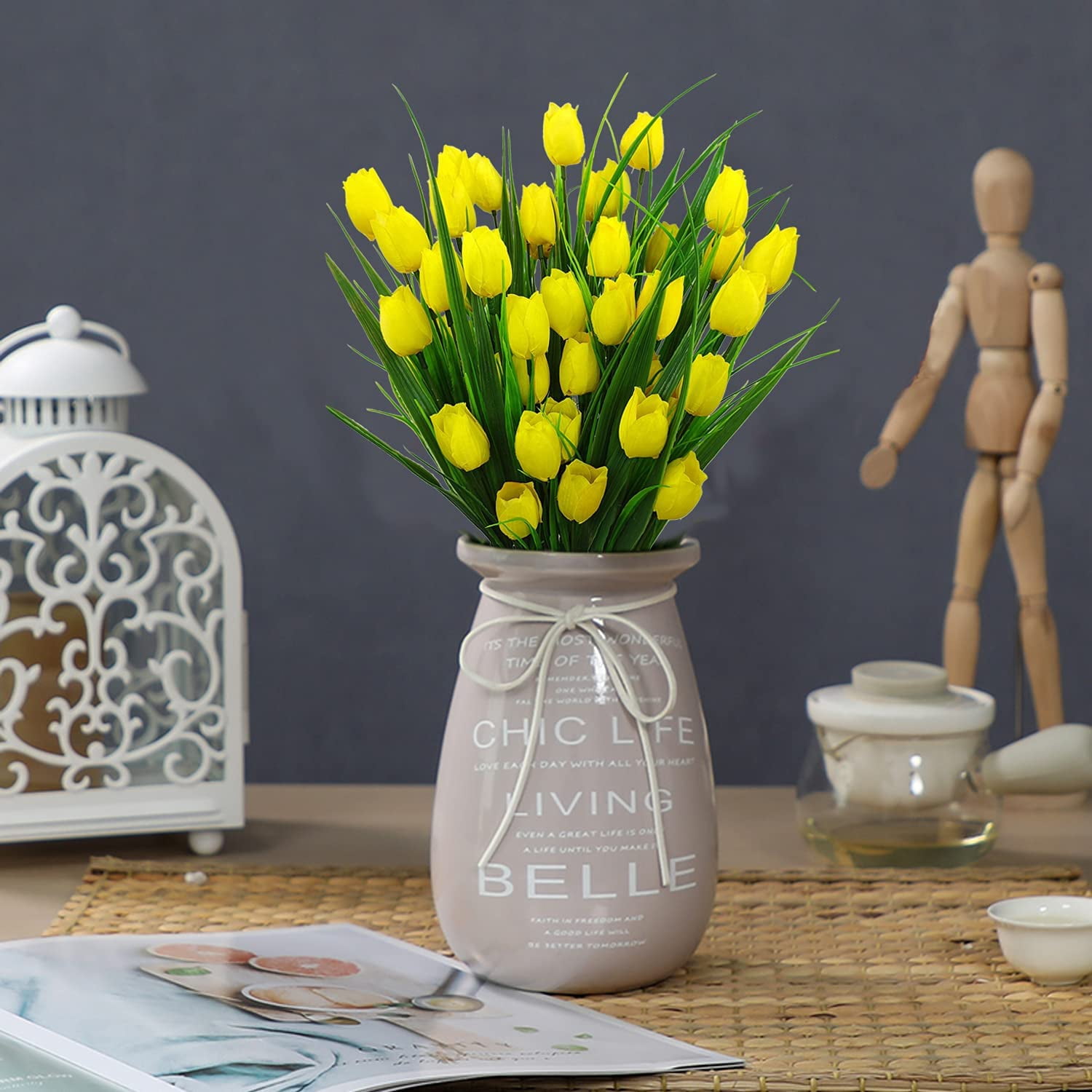 Outdoor Artificial Tulips Fake Flowers UV Resistant Faux Plastic Greenery Shrubs Plants for Home Outside Garden Porch Window Farmhouse Decor (Yellow)