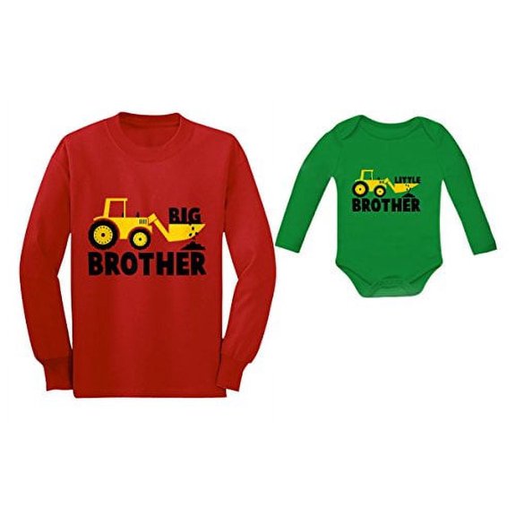 Big Brother Little Brother Long Sleeve Shirts Tractor Loving Boys Siblings Set Toddler/Kids Long sleeve T-Shirt Red 5/6 / Baby Long Sleeve Bodysuit Green 18M (12-18M)