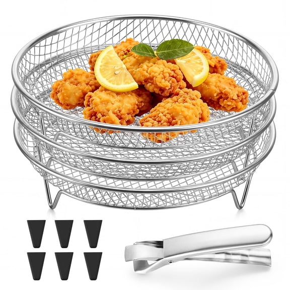 Walchoice 8 Inch Round Air Fryer Rack, 3Pcs Stackable Dehydrator Racks with Clamp and Silicone Feet, Stainless Steel Air Fryer Accessories for Normal Airfryer Oven Pot, Fit 4.2QT - 8QT Airfryer