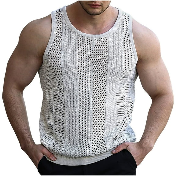 Besolor Mens Knitted Tank Tops Casual Sleeveless Hollow out Crochet T-Shirts Summer Beach Muscle Shirts
