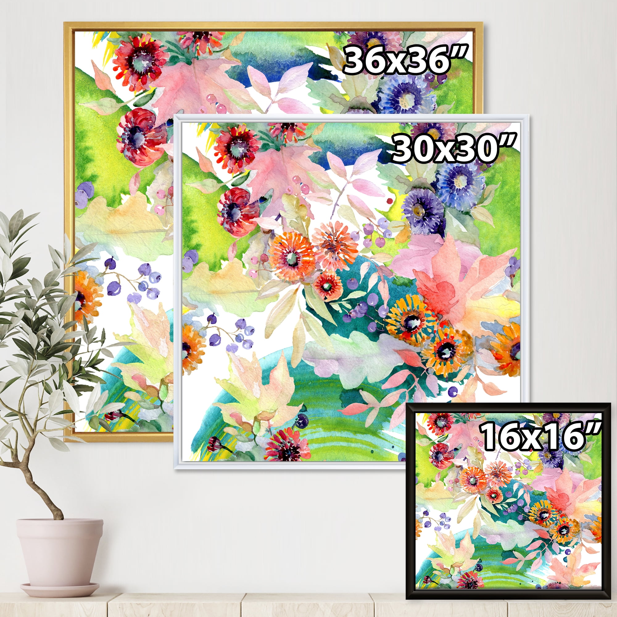 Designart 'Wildflowers and Vibrant Wild Spring Leaves II' Traditional Framed Canvas Wall Art Print