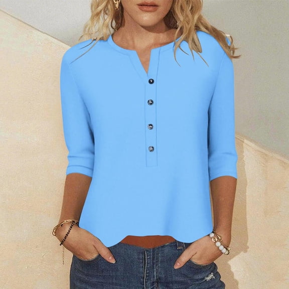 asjyhkr Plus Size Womens Blouses 3/4 Sleeve Button Crew Neck Pullover Casual Loose Solid Color Hiking Gym Outdoor Tops,S-5XL