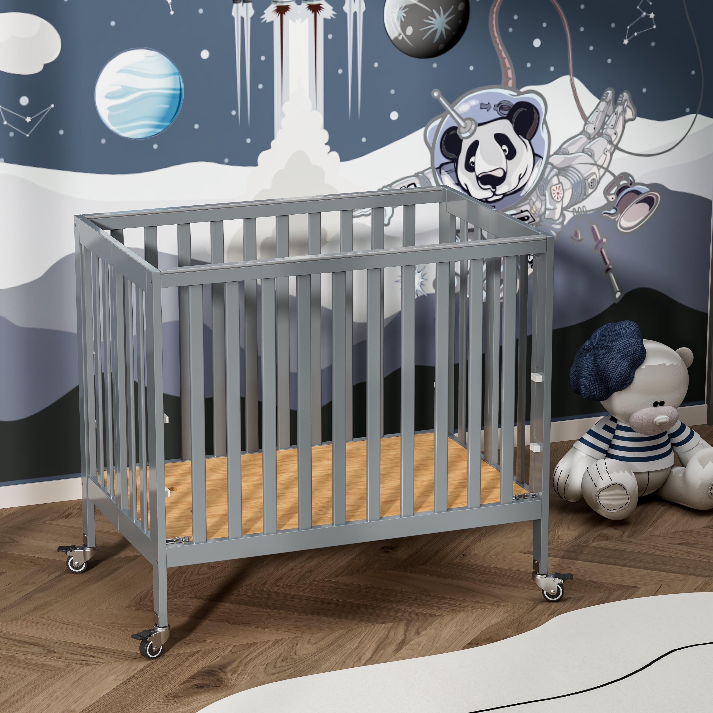 Fizzy Baby Foldable Baby Crib with Wheels Portable Baby Bed Travel Crib, Gray