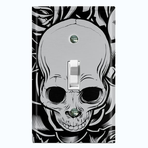 Metal Light Switch Plate Outlet Cover Skull Rose Flower Gray SKL001